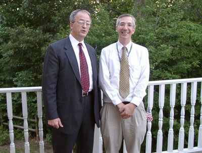 Longtime friend Virginia Delegate Bob Marshall meets with Eugene
Delgaudio. Marshall is a pro-life leader and Virginia's foremost critic
of tax increases. Together, as Republican elected officials, Delegate
Marshall and Supervisor Eugene Delgaudio were among the few (Loudoun's
other Delegate Richard Black, too)elected officials in Northern Virginia
to fight the proposed sales tax increase. Loudoun's board of supervisors
supported the sales tax increase.