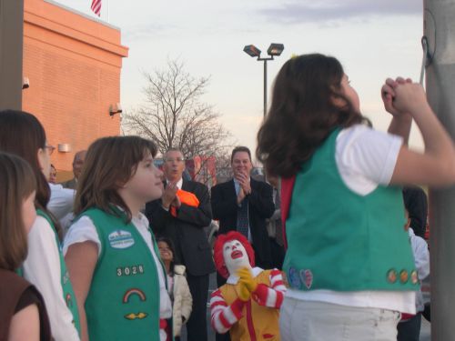 Supervisor Delgaudio and Ronald McDonald Watch the Girl Scouts Raise the American Flag